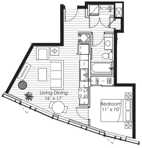 Floor plan for 1 bed, 1 bath, 615 sqft